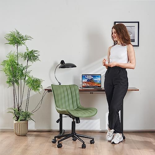 YOUNIKE Green Ergonomic Home Office Desk Chair with Wheels Comfy Armless Criss Cross Chair with Adjustable Back Modern Leather Upholstered Swivel Vanity Chair Small Cute Rolling Task Chair Women Olive