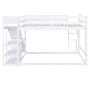 CITYLIGHT Full Over Full Bunk Beds with Slide, Wood Full Bunk Bed with Storage Shelves & Ladder,Floor Bunk Bed Full Size for Kids Girls Boys, White