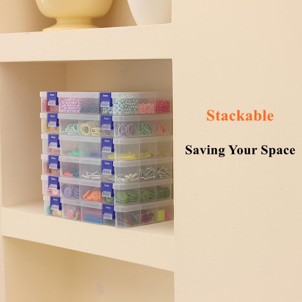 BangQiao 6 Pack Fixed 12 Grids Clear Plastic Storage Divider Box with Lid, Stackable Transparent Compartment Container Organizer Case for Seed Bead, Tiny Button, Small Parts, Art&Craft Supplies