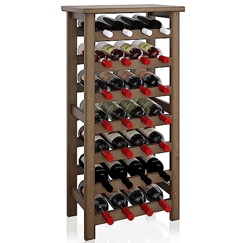 SMIBUY Bamboo Wine Rack, 28 Bottles Display Holder with Table Top, 7-Tier Free Standing Storage Shelves for Kitchen, Pantry, Cellar, Bar (Walnut)