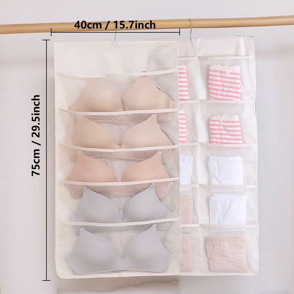 Oniapro 2 Pack Hanging Shelves Closet Organizer, Bra Underwear Storage Bag with Metal Hanger, Dual Sided Wall Shelf Wardrobe Mesh Pockets (Beige)