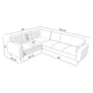 Panana 100 inches Sectional Sofa Couch for Living Room, Modern Gray Fabric L-Shaped 6 Seat Sofa Corner Couch with, Upholstered Sofa withSolid Wood Legs for Home Office