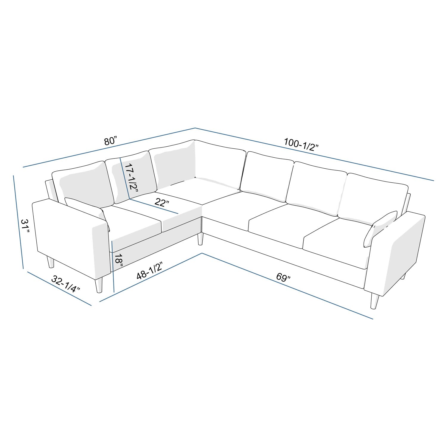 Panana 100 inches Sectional Sofa Couch for Living Room, Modern Gray Fabric L-Shaped 6 Seat Sofa Corner Couch with, Upholstered Sofa withSolid Wood Legs for Home Office