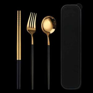 Black and Gold Cutlery Set with Cases Stainless Steel Flatware Set Portable Reusable Cutlery Set Travel Utensils Set Including Chopsticks Knife Spoon and Case