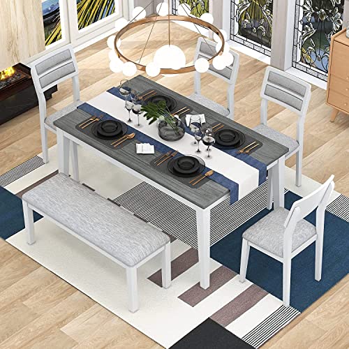 ERYE FANYE Classic Wooden 6-Piece Upholstered Dining Furniture Sets Include 1 Table, 4 Chairs with Soft Cushions and Padded Bench for Home Apartment Kitchen & Dining Room,White+Gray