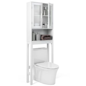 tangkula over the toilet storage cabinet, bathroom space saver w/double tempered glass doors, open shelf & adjustable shelf, bathroom organizer cabinet, 67" tall above toilet rack for laundry (white)