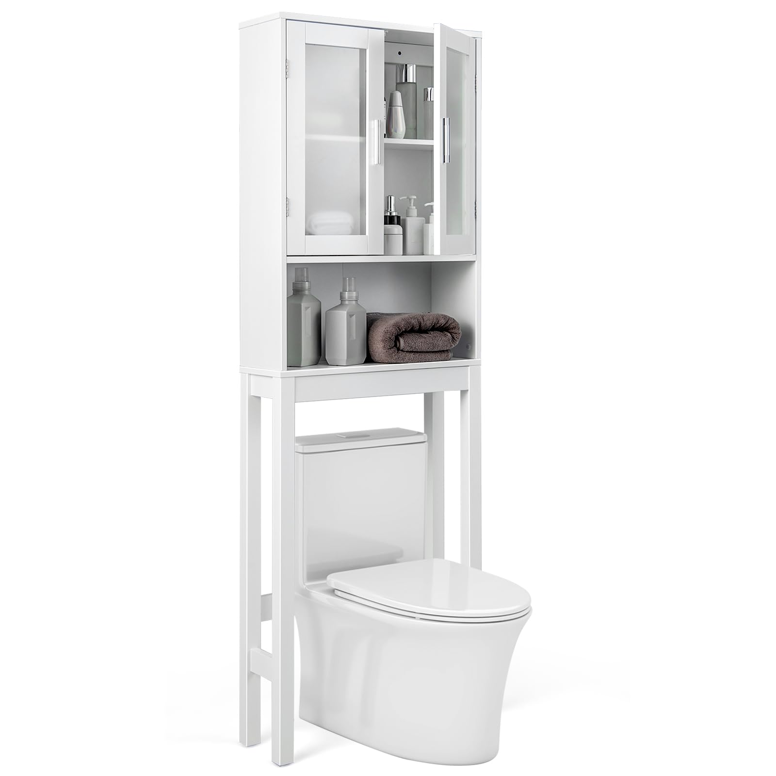 Tangkula Over The Toilet Storage Cabinet, Bathroom Space Saver w/Double Tempered Glass Doors, Open Shelf & Adjustable Shelf, Bathroom Organizer Cabinet, 67" Tall Above Toilet Rack for Laundry (White)