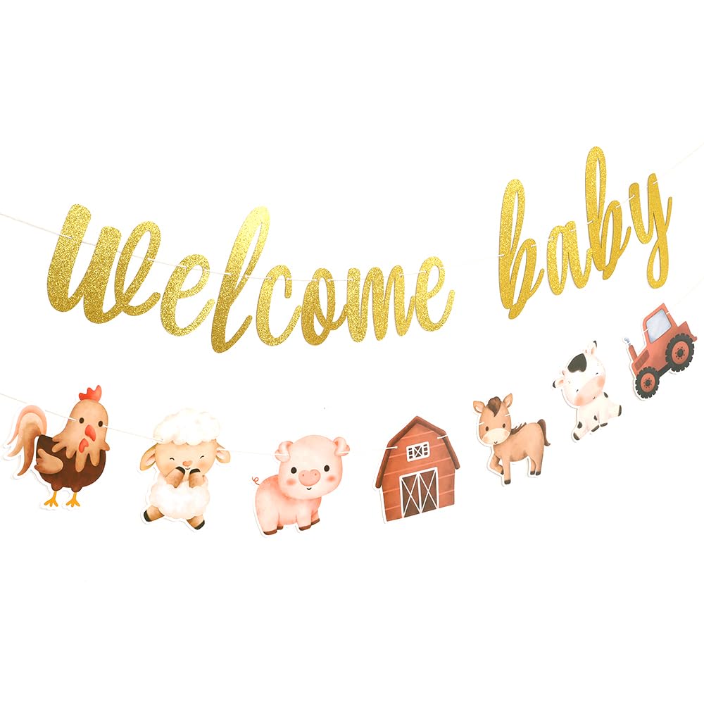 welcome baby Farm Animals Birthday Banner,Farm Animals Themed Birthday Baby Shower Party Decoration.Barnyard Party Decorations, Farm Animal Decorations for Baby Shower Birthday Party.