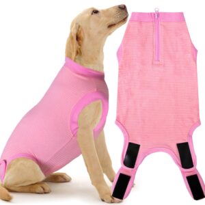 Wabdhally Dog Surgery Recovery Suit,Surgical Suit for Large Female Spay,Soft Combed Cotton,Watermelon Pink Striped Zipper Onesie 3XL