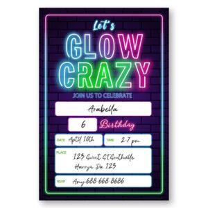 LoaHak Glow Birthday Invitation, Neon Glow Crazy Birthday Invitations, Glow Birthday Party Invitations, Glow Neon Party Favors Neon Party Invites Cards. (040)