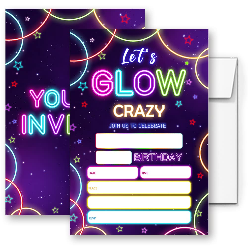 LoaHak Glow Birthday Invitation, Neon Glow Crazy Birthday Invitations, Glow Birthday Party Invitations, Glow Neon Party Favors Neon Party Invites Cards. (065)