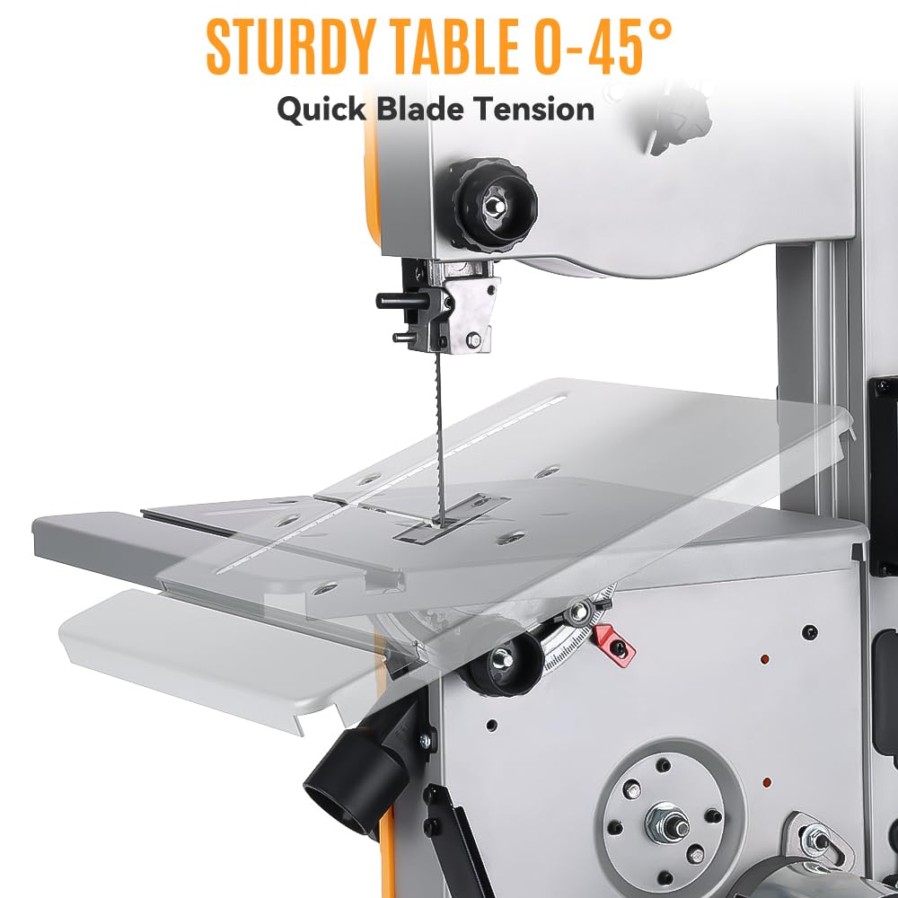 Hoteche 8-Inch Band Saw 2.0A Low Noise Two Cutting Height Table Benchtop with Fence and Miter Gauge for Woodworking, DIY Projects and Precision Cutting, Tilting Range 0-45°