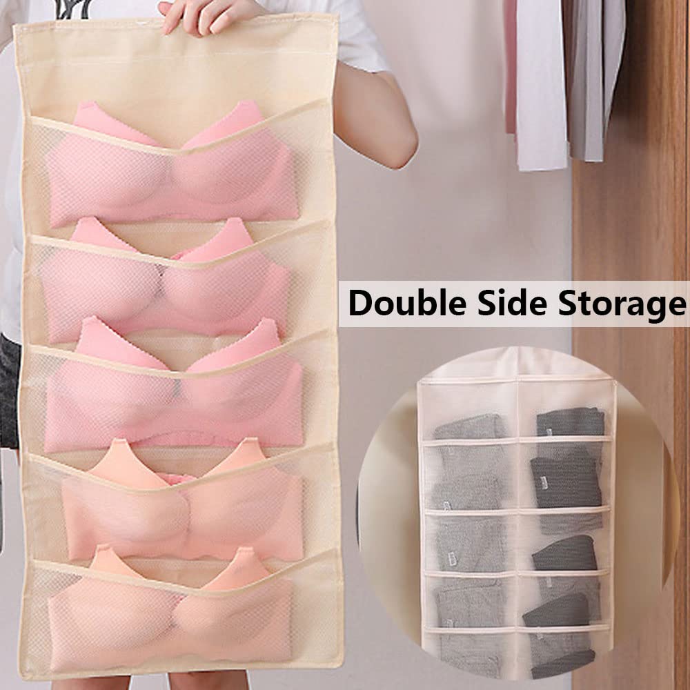 Oniapro 2 Pack Hanging Shelves Closet Organizer, Bra Underwear Storage Bag with Metal Hanger, Dual Sided Wall Shelf Wardrobe Mesh Pockets (Beige)