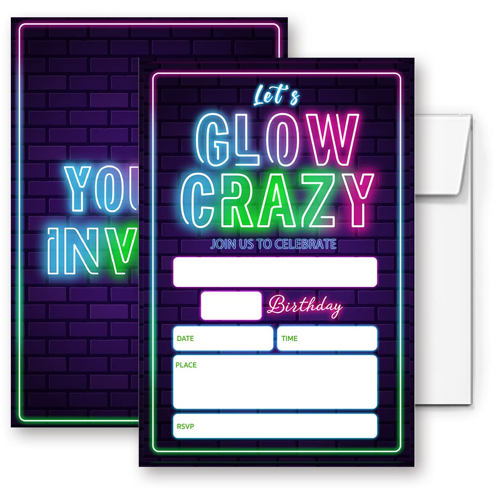 LoaHak Glow Birthday Invitation, Neon Glow Crazy Birthday Invitations, Glow Birthday Party Invitations, Glow Neon Party Favors Neon Party Invites Cards. (040)