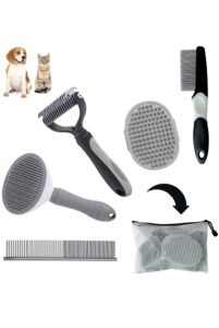 5pcs grooming kit for dog,puppy- deshedding & slicker brush for short-haired pets, flea comb and grooming comb set grey