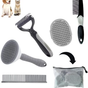 5PCS Grooming Kit for Dog,Puppy- Deshedding & Slicker Brush for Short-Haired Pets, Flea Comb and Grooming Comb Set Grey