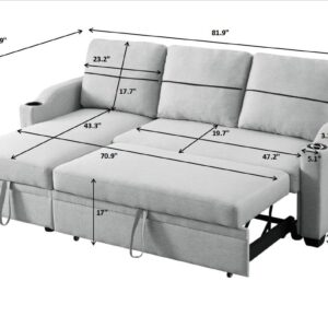 Eafurn Convertible Sectional Sleeper Pull Out Bed, 3-Seater L-Shaped Storage Chaise and 2 Cup Holders, Linen Fabric Upholstered Corner Sofa & Couches for Living Room, Gray 81"