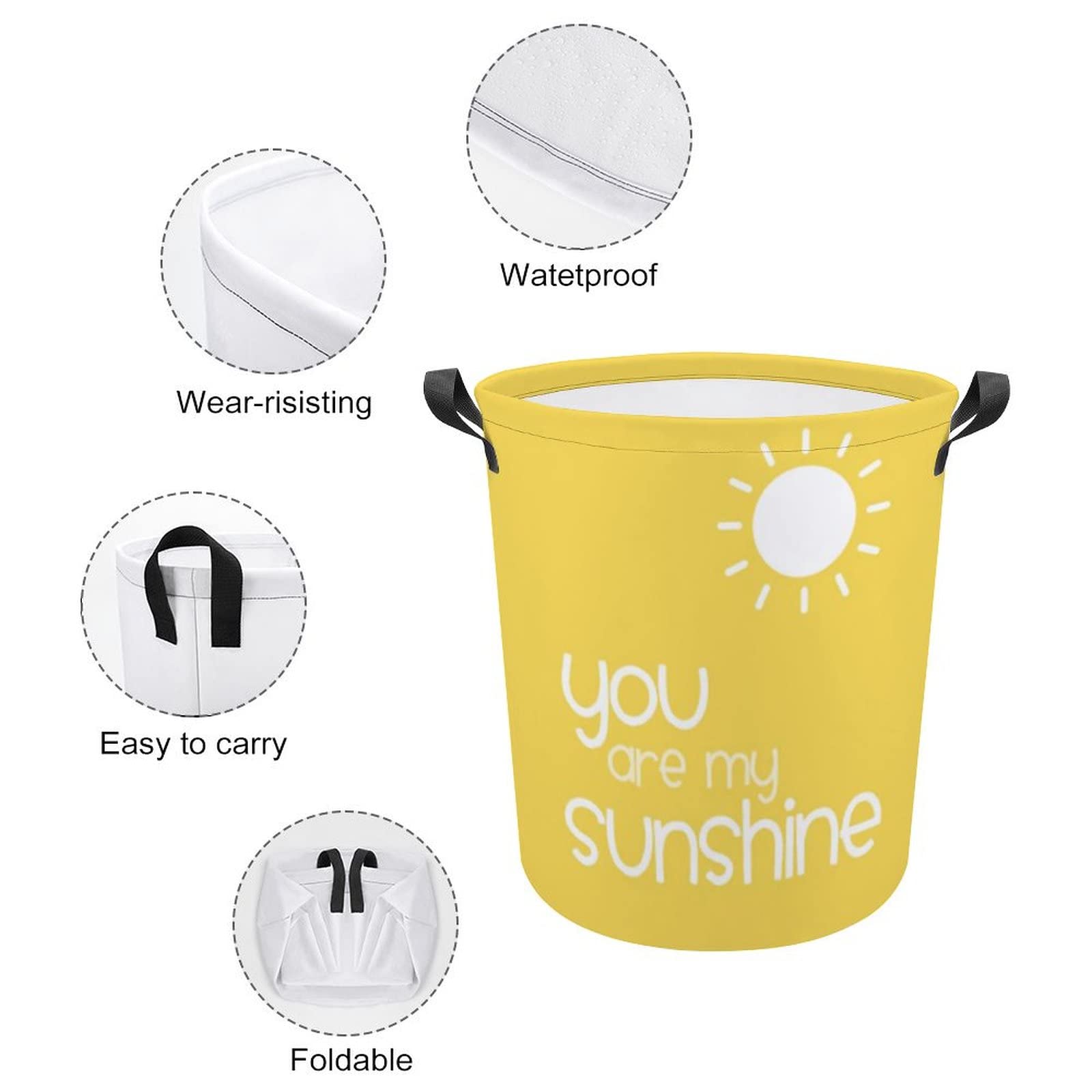 Large Laundry Hamper, Bag, You Are My Sunshine Yellow Waterproof Dirty Clothes Laundry Basket Collapsible Washing Bin with Handles for College Dorm, Family Essentials