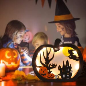 FOIMAS Halloween Wooden Table Sign,Light Up Pumpkin Table Centerpiece Topper for Halloween Table Top Party Decoration Supply（UPGRATED)