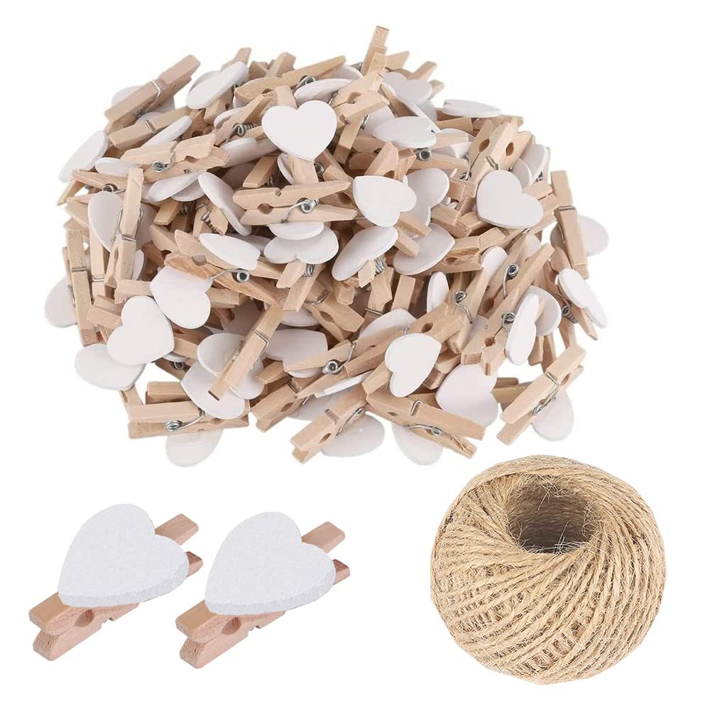 SKYPRO 50Pcs White Mini Wooden Heart Clothespins, Multicolor Small Clothespins with Heart, 3cm Heart Photo Clips, DIY Craft