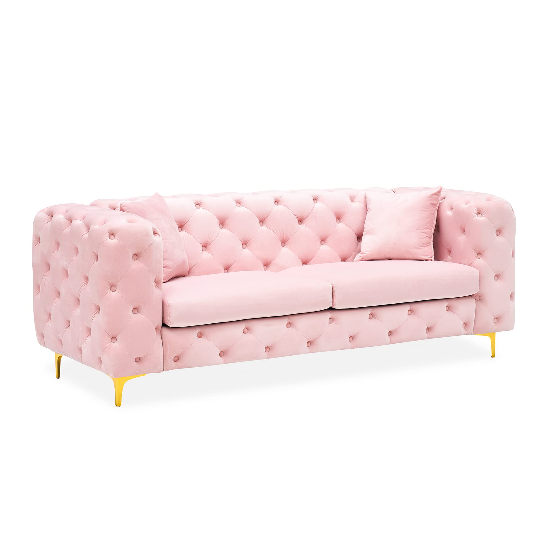 DAMAIFROM 75 Inch Sofa Couch Set of 2, Modern Upholstered Couch Tufted Velvet Sofa High Arm and Metal Gold Legs Decor with 2 Piilows Big Comfy Couch for Living Room, Pink