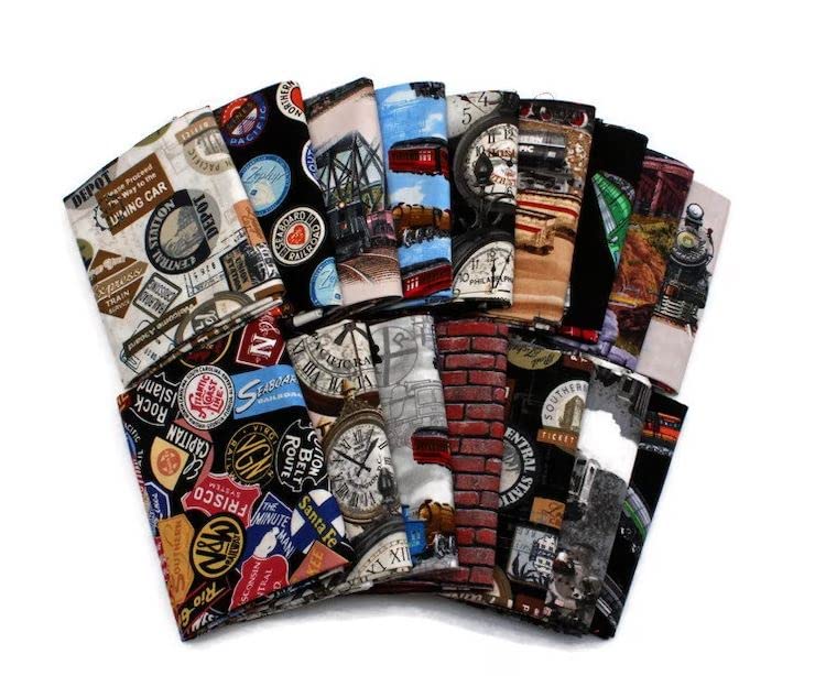 10 Fat Quarters Assorted Trains Locomotive Engine Railway Railroads Tracks Trains Signs Engineer Transportation Fat Quarter Bundle