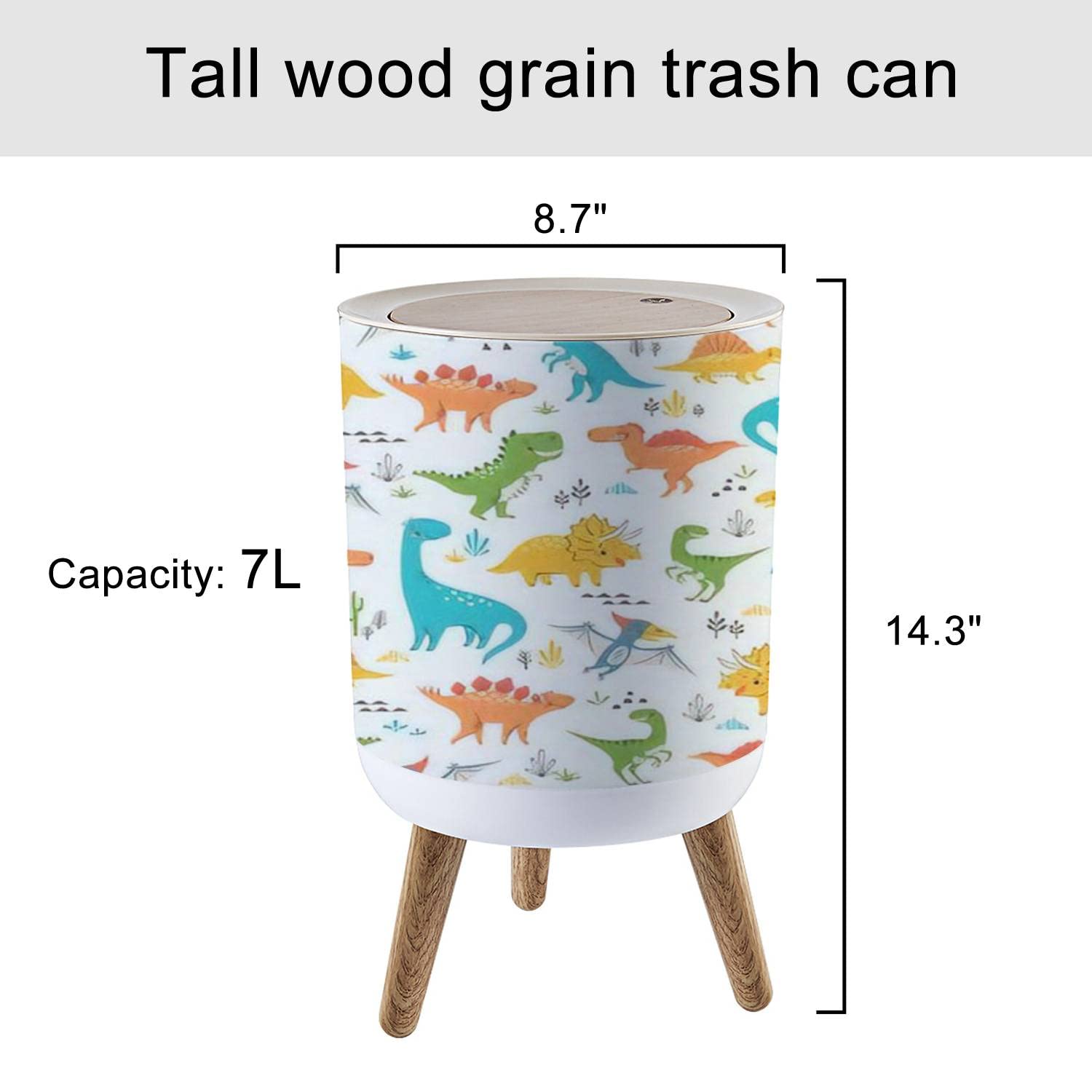 KCDCYCZEAL Small Trash Can with Lid Surface Cute Dinosaurs Round Recycle Bin Press Top Dog Proof Wastebasket for Kitchen Bathroom Bedroom Office 7L/1.8 Gallon