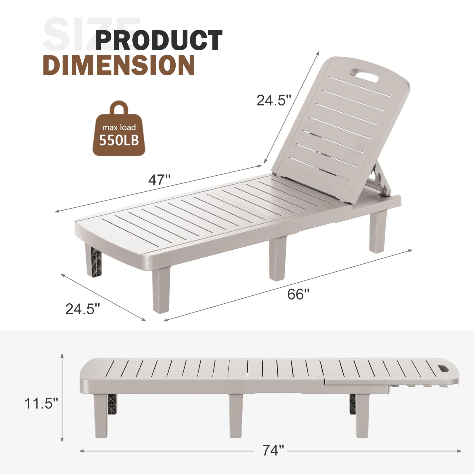 WACASA Outdoor Chaise Lounge Chairs Set of 2, Oversized Lounge Chairs with 5-Level Adjustable Backrest & Cup Holder, Resin Waterproof Pool Lounge Chairs for Poolside,Patio, Beach, Yard, Gray