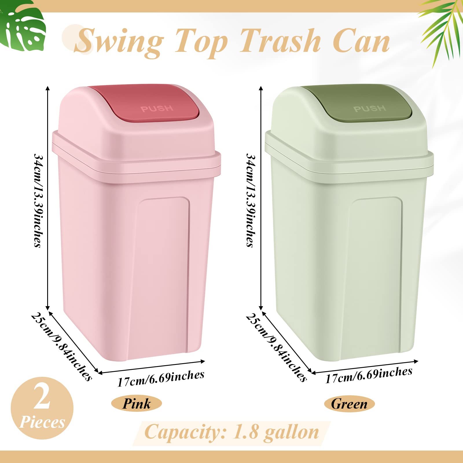 Sumind 2 Pcs Bathroom Trash Can with Swing Lid Small Garbage Can Plastic Bathroom Trashcan Garbage Bin for Kitchen Waste Bedroom Room Outdoor (Green and Pink,1.8 Gallon)