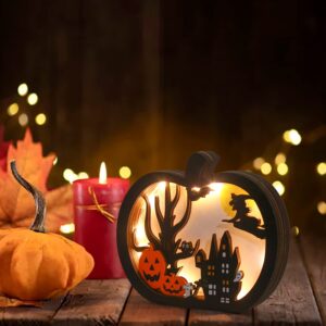 FOIMAS Halloween Wooden Table Sign,Light Up Pumpkin Table Centerpiece Topper for Halloween Table Top Party Decoration Supply（UPGRATED)