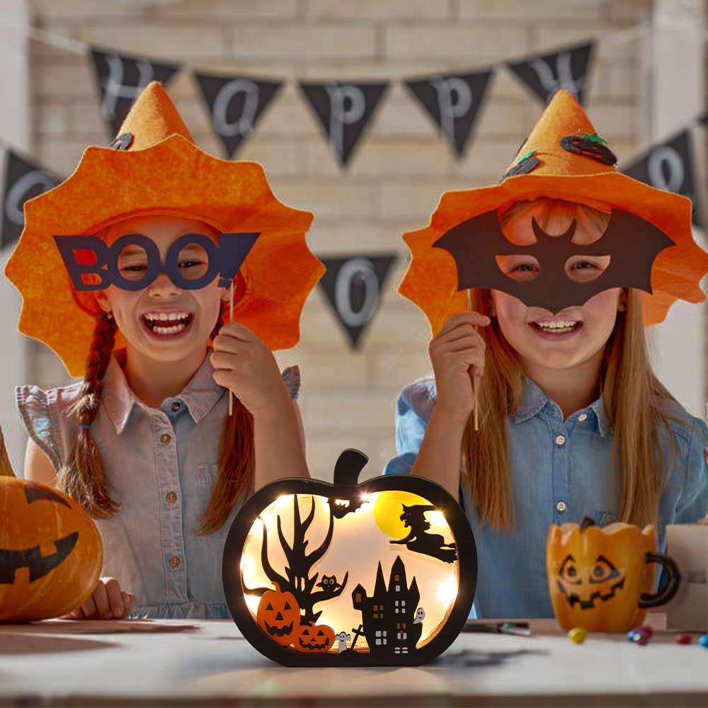 FOIMAS Halloween Wooden Table Sign,Light Up Pumpkin Table Centerpiece Topper for Halloween Table Top Party Decoration Supply（UPGRATED)