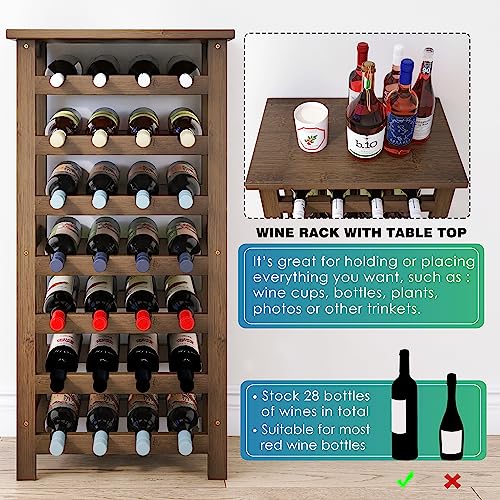 SMIBUY Bamboo Wine Rack, 28 Bottles Display Holder with Table Top, 7-Tier Free Standing Storage Shelves for Kitchen, Pantry, Cellar, Bar (Walnut)