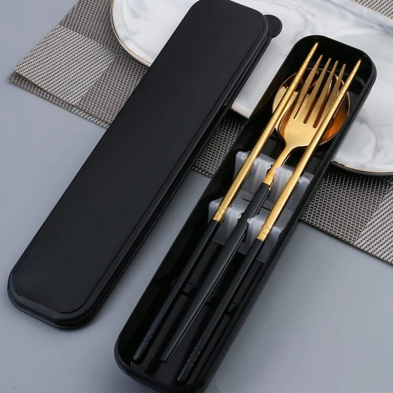 Black and Gold Cutlery Set with Cases Stainless Steel Flatware Set Portable Reusable Cutlery Set Travel Utensils Set Including Chopsticks Knife Spoon and Case