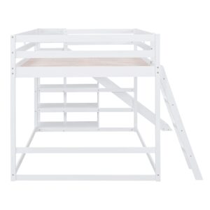 CITYLIGHT Full Over Full Bunk Beds with Slide, Wood Full Bunk Bed with Storage Shelves & Ladder,Floor Bunk Bed Full Size for Kids Girls Boys, White