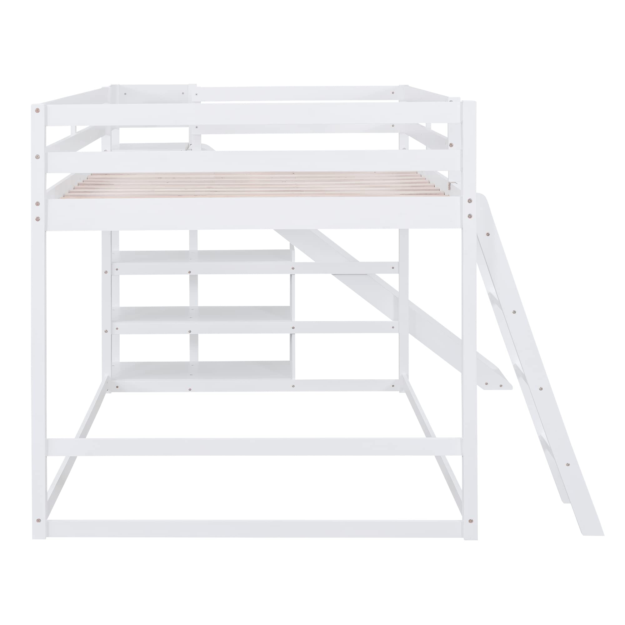 CITYLIGHT Full Over Full Bunk Beds with Slide, Wood Full Bunk Bed with Storage Shelves & Ladder,Floor Bunk Bed Full Size for Kids Girls Boys, White