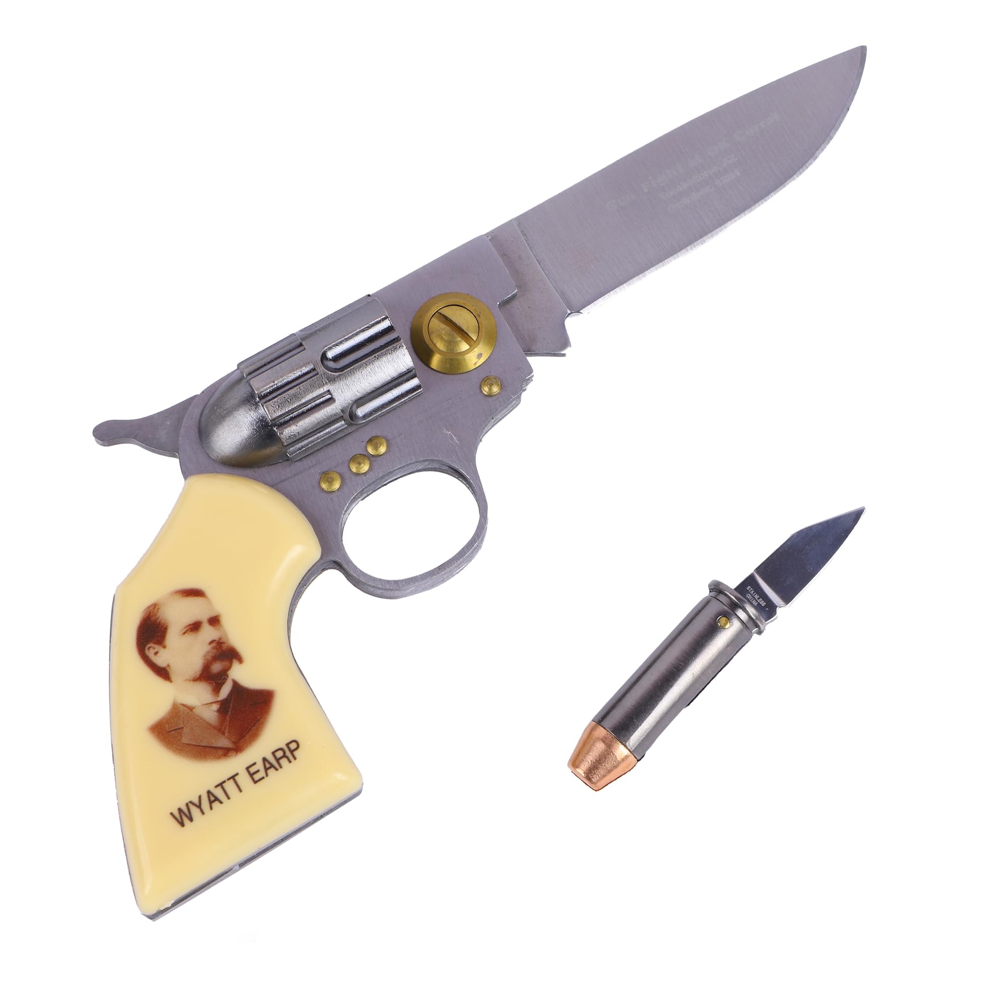 Trendy Zone 21 Folding Wyatt Earp Folding Knife, 7.5 inch Open Pocket Knife with Printed Portrait of Wyatt Earp| Comes with Small Knife 2.75" long (Open) with a printed Collectible Tin Box