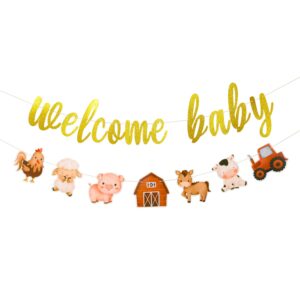 welcome baby farm animals birthday banner,farm animals themed birthday baby shower party decoration.barnyard party decorations, farm animal decorations for baby shower birthday party.