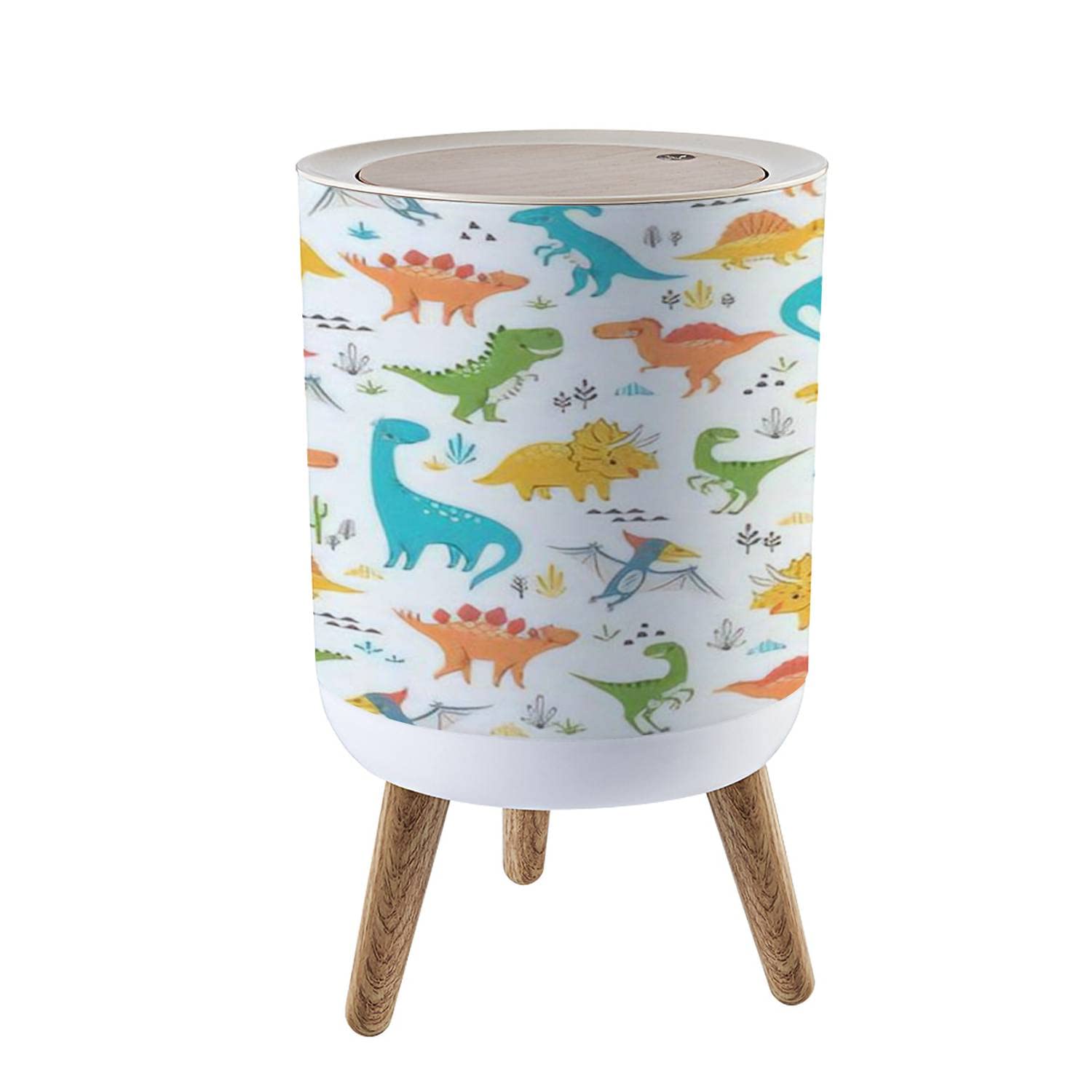 KCDCYCZEAL Small Trash Can with Lid Surface Cute Dinosaurs Round Recycle Bin Press Top Dog Proof Wastebasket for Kitchen Bathroom Bedroom Office 7L/1.8 Gallon