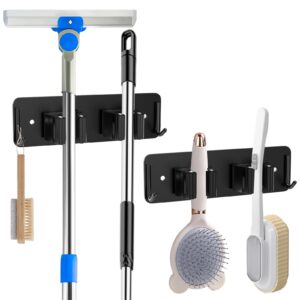 fumax mop and broom holder wall mount, heavy duty stainless steel broom holder, broom and mop organizer wall hanging, kitchen garden tool garage organizers and storage (4 racks 4 hooks)