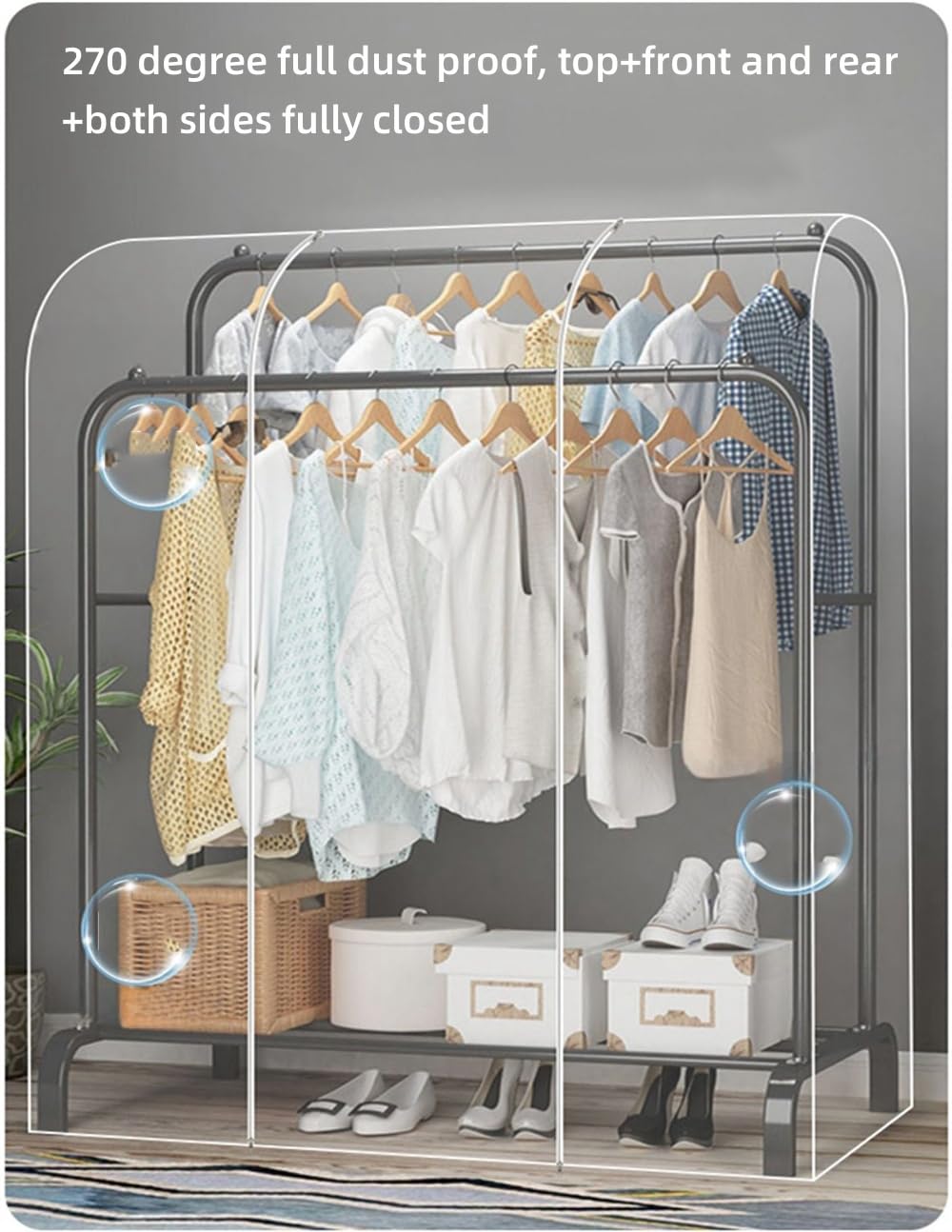 Senvitate Garment Rack Cover, Transparent PEVA Clothes Rack Cover with 2 Smooth Zipper, Clothing Dustproof Waterproof Protector Cover (47X20X59-Clear)