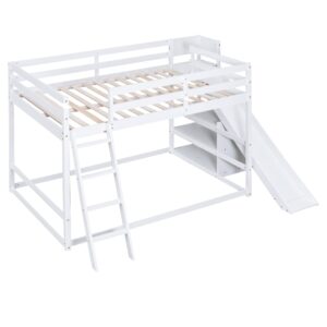 CITYLIGHT Full Over Full Bunk Beds with Slide, Wood Full Bunk Bed with Storage Shelves & Ladder,Floor Bunk Bed Full Size for Kids Girls Boys, White