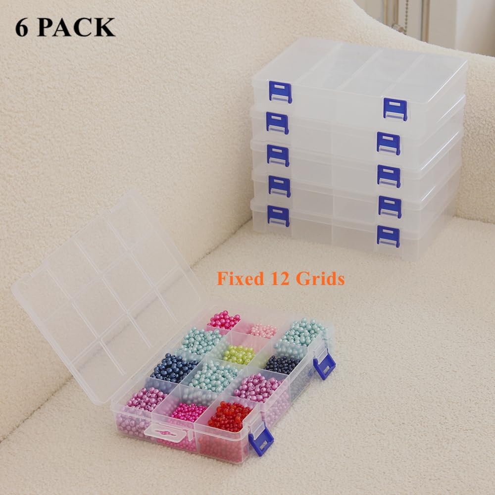 BangQiao 6 Pack Fixed 12 Grids Clear Plastic Storage Divider Box with Lid, Stackable Transparent Compartment Container Organizer Case for Seed Bead, Tiny Button, Small Parts, Art&Craft Supplies