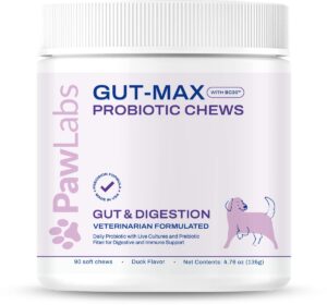 pawlabs gut-max probiotic chews - patented bc30™ bacillus coagulans - natural, vet formulated digestive & immune support - relieves diarrhea, constipation, bloating - duck flavor - 90 soft chews