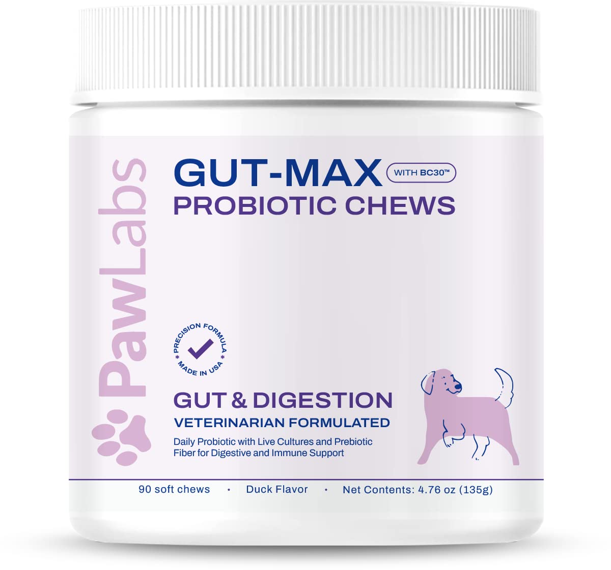 PAWLABS Gut-Max Probiotic Chews - Patented BC30™ Bacillus Coagulans - Natural, Vet Formulated Digestive & Immune Support - Relieves Diarrhea, Constipation, Bloating - Duck Flavor - 90 Soft Chews