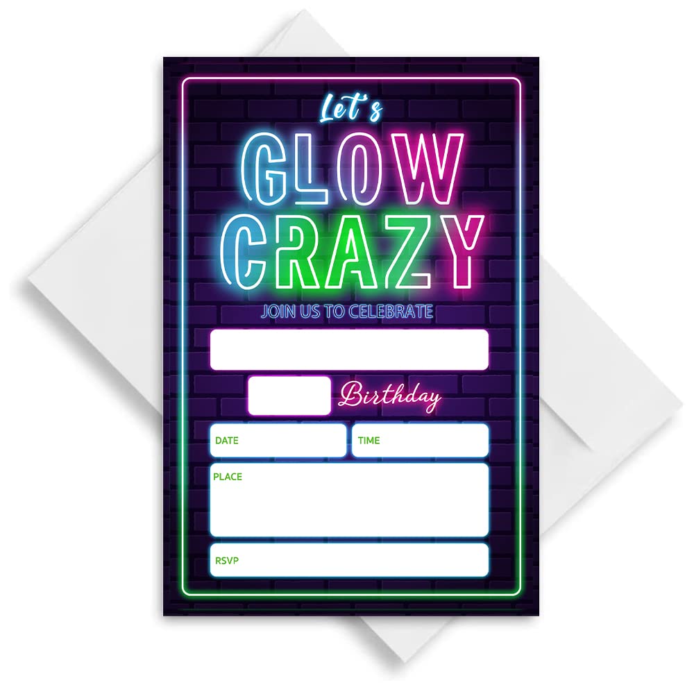 LoaHak Glow Birthday Invitation, Neon Glow Crazy Birthday Invitations, Glow Birthday Party Invitations, Glow Neon Party Favors Neon Party Invites Cards. (040)