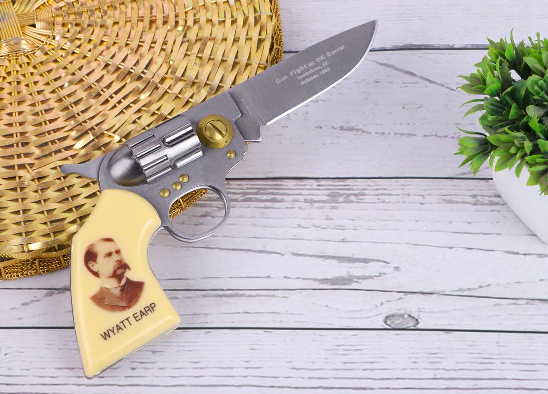 Trendy Zone 21 Folding Wyatt Earp Folding Knife, 7.5 inch Open Pocket Knife with Printed Portrait of Wyatt Earp| Comes with Small Knife 2.75" long (Open) with a printed Collectible Tin Box