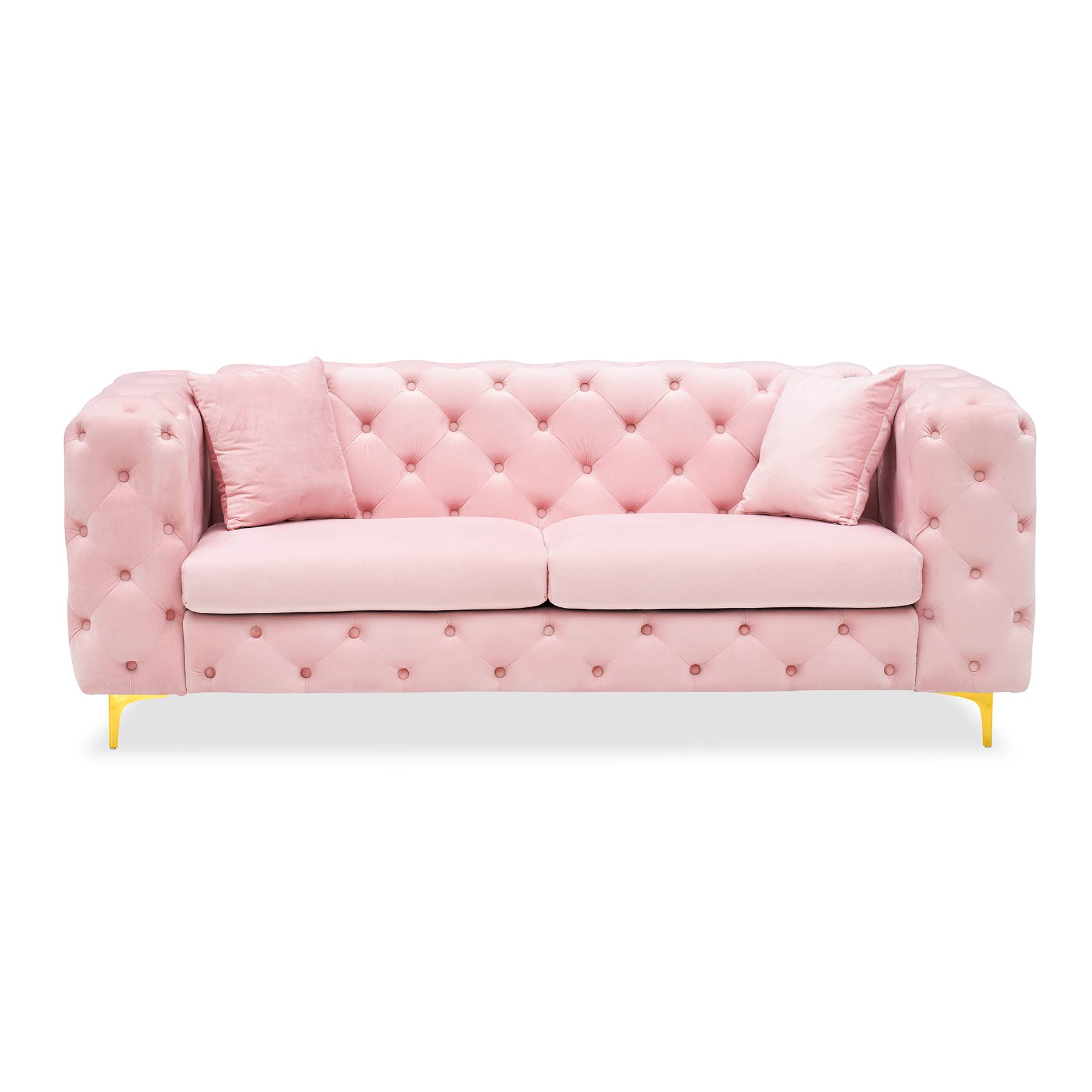 DAMAIFROM 75 Inch Sofa Couch Set of 2, Modern Upholstered Couch Tufted Velvet Sofa High Arm and Metal Gold Legs Decor with 2 Piilows Big Comfy Couch for Living Room, Pink