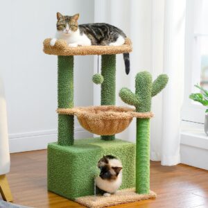 PEQULTI 4-in-1 Cactus Cat Tree, 33'' Cat Tower for Indoor Cats with Large Cat Condo, Cat Scratching Post for Cats with Deep Hammock& Cozy Top Perch,Green