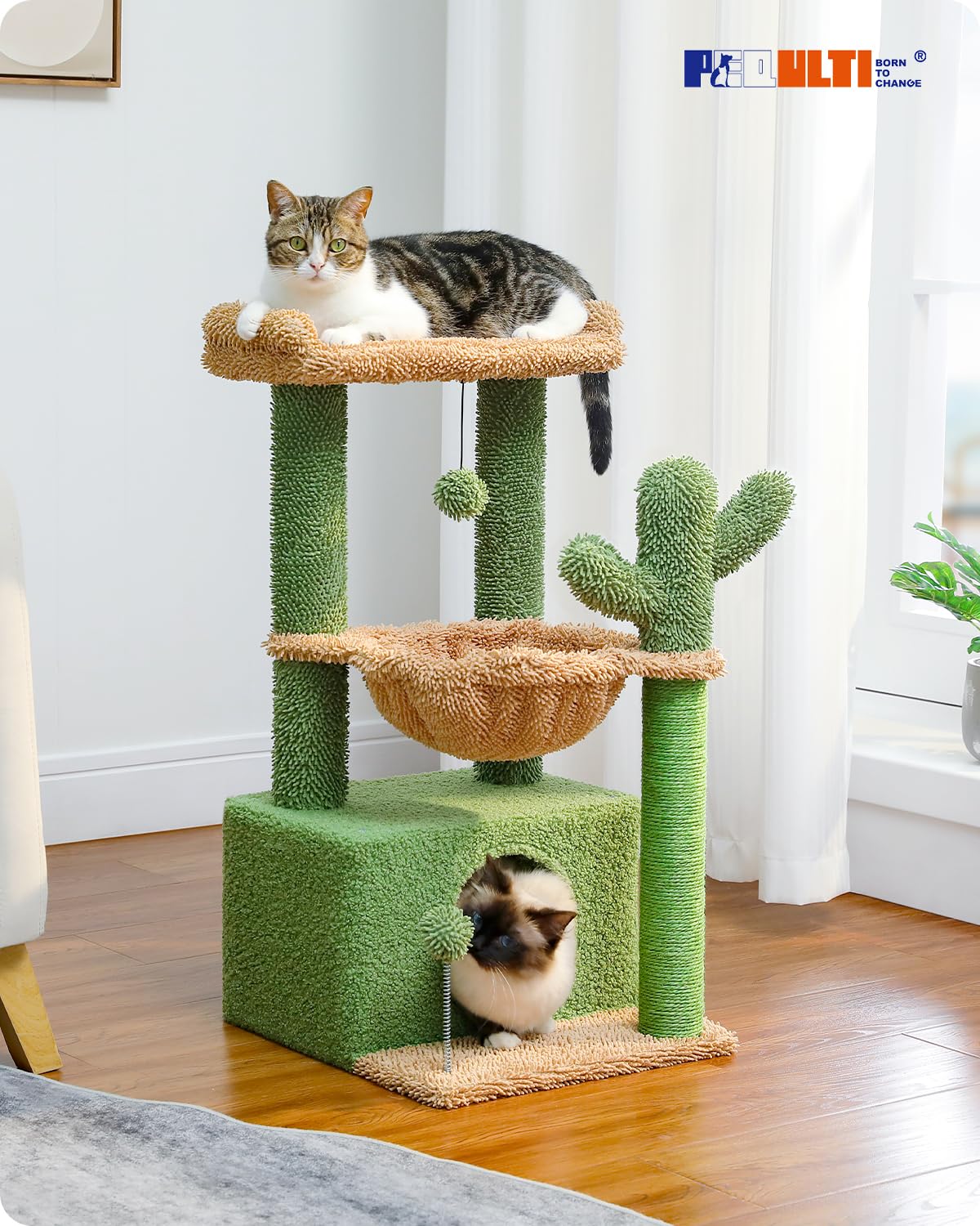 PEQULTI 4-in-1 Cactus Cat Tree, 33'' Cat Tower for Indoor Cats with Large Cat Condo, Cat Scratching Post for Cats with Deep Hammock& Cozy Top Perch,Green