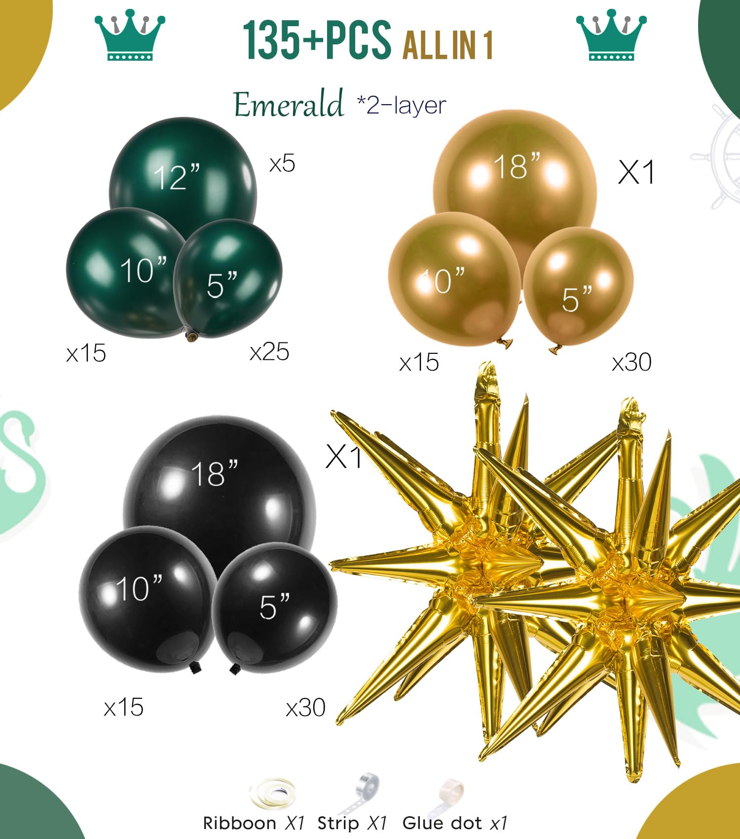 Green and black Gold balloons Garland arch kit 137pcs double stuffed Dark emerald green and chome gold balloons for birthday anniversary graduation 2023 prom party Christmas tree christmas decorations